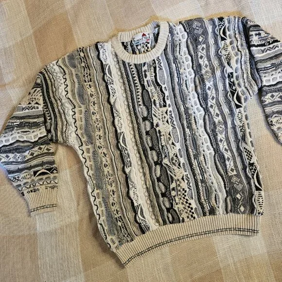 VNT Eclectic Funky Dadcore BlokecoreBlue & White Funky Knit Crewneck Sweater